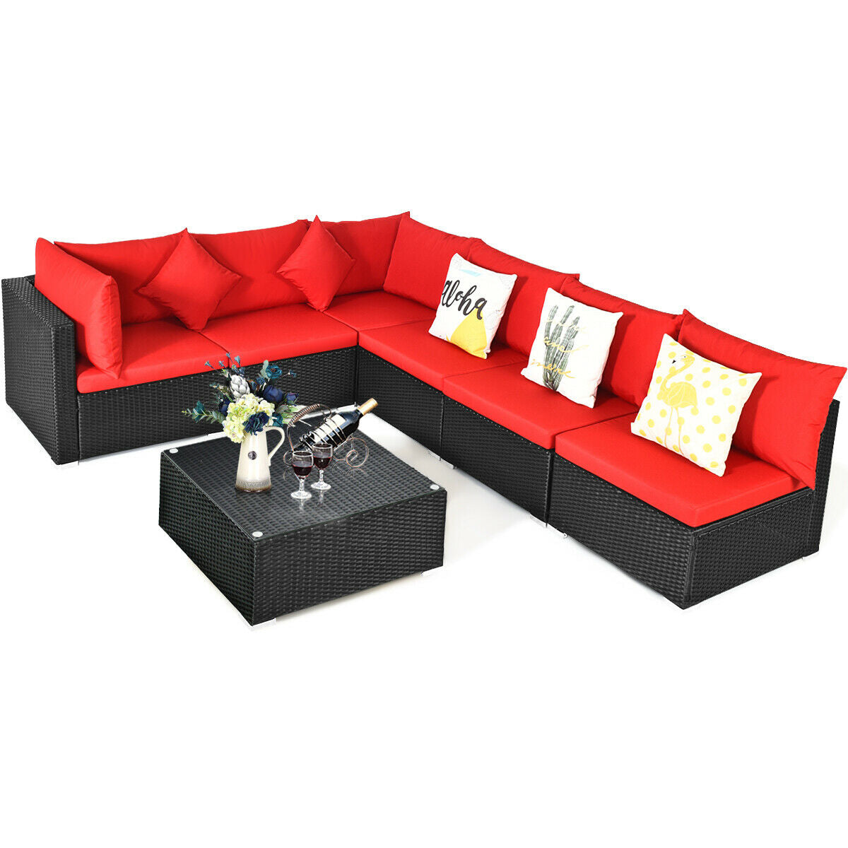 7 Pieces Sectional Wicker Furniture Sofa Set with Tempered Glass Top, Red Outdoor Sectionals   at Gallery Canada