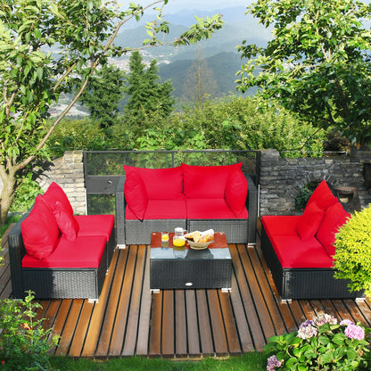 7 Pieces Sectional Wicker Furniture Sofa Set with Tempered Glass Top, Red Outdoor Sectionals   at Gallery Canada