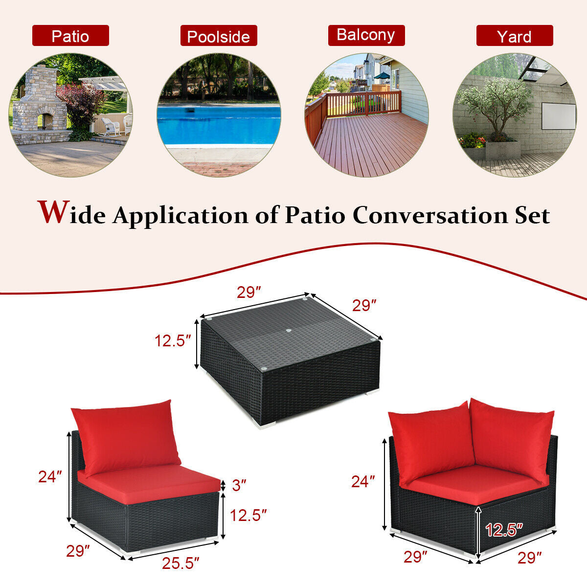 7 Pieces Sectional Wicker Furniture Sofa Set with Tempered Glass Top, Red Outdoor Sectionals   at Gallery Canada