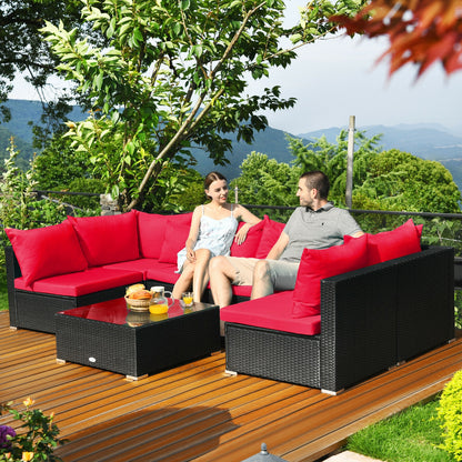 7 Pieces Sectional Wicker Furniture Sofa Set with Tempered Glass Top, Red Outdoor Sectionals   at Gallery Canada