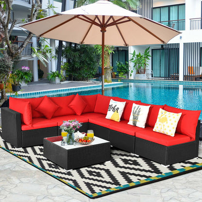 7 Pieces Sectional Wicker Furniture Sofa Set with Tempered Glass Top, Red Outdoor Sectionals   at Gallery Canada