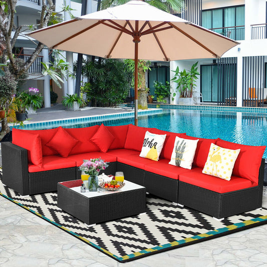 7 Pieces Sectional Wicker Furniture Sofa Set with Tempered Glass Top, Red Outdoor Sectionals Red  at Gallery Canada