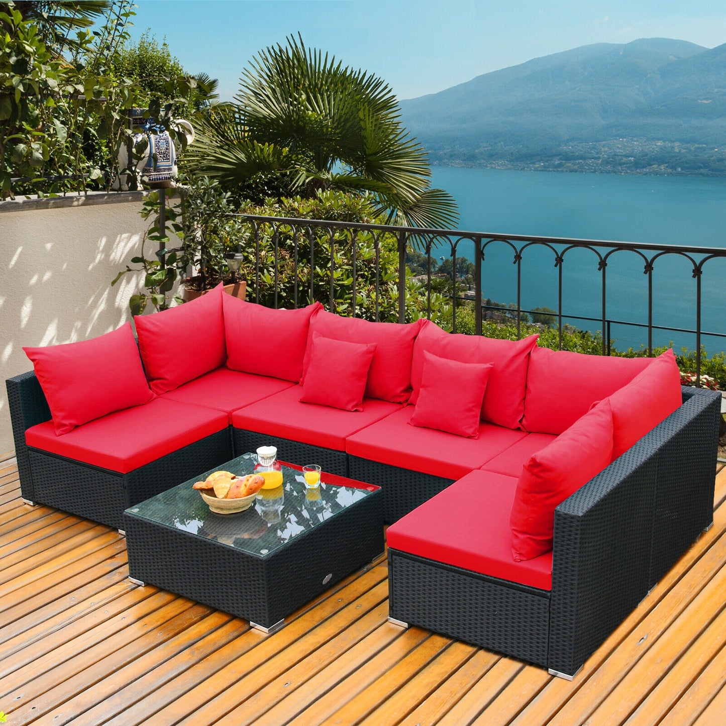 7 Pieces Sectional Wicker Furniture Sofa Set with Tempered Glass Top, Red Outdoor Sectionals   at Gallery Canada