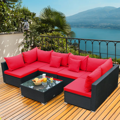 7 Pieces Sectional Wicker Furniture Sofa Set with Tempered Glass Top, Red Outdoor Sectionals   at Gallery Canada