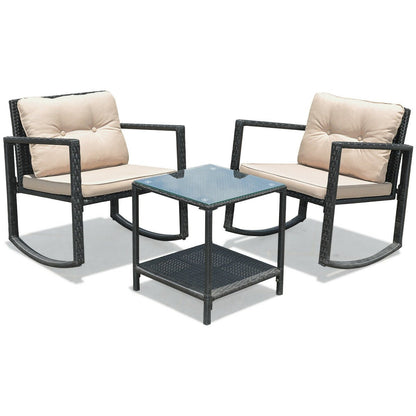 3 Pieces Wicker Rocking Bistro Set with Glass Coffee Table and Storage Shelf, Beige Patio Conversation Sets   at Gallery Canada