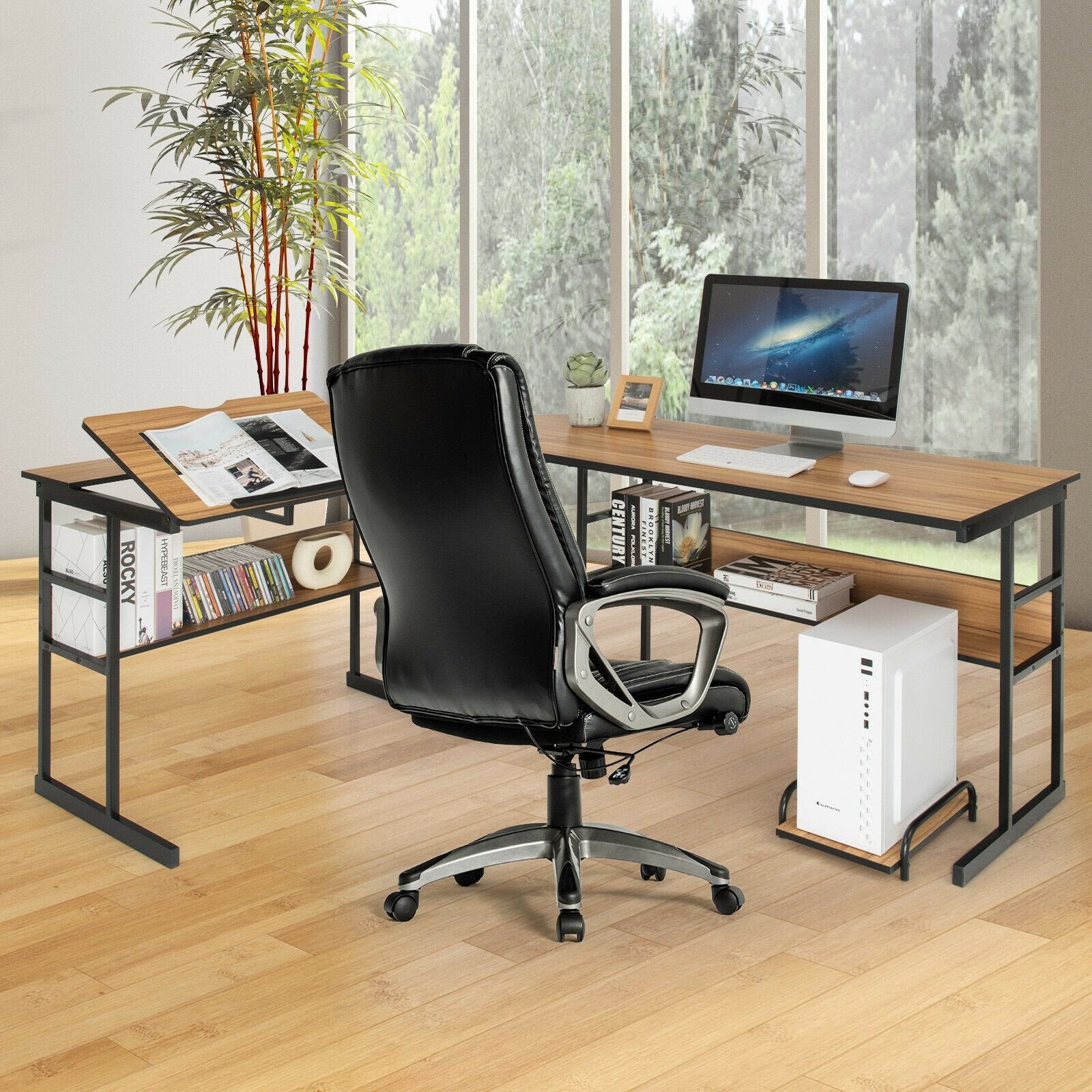 L-Shaped Computer Desk with Tiltable Tabletop, Walnut L-Shaped Desks   at Gallery Canada