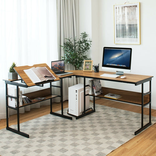 L-Shaped Computer Desk with Tiltable Tabletop, Walnut