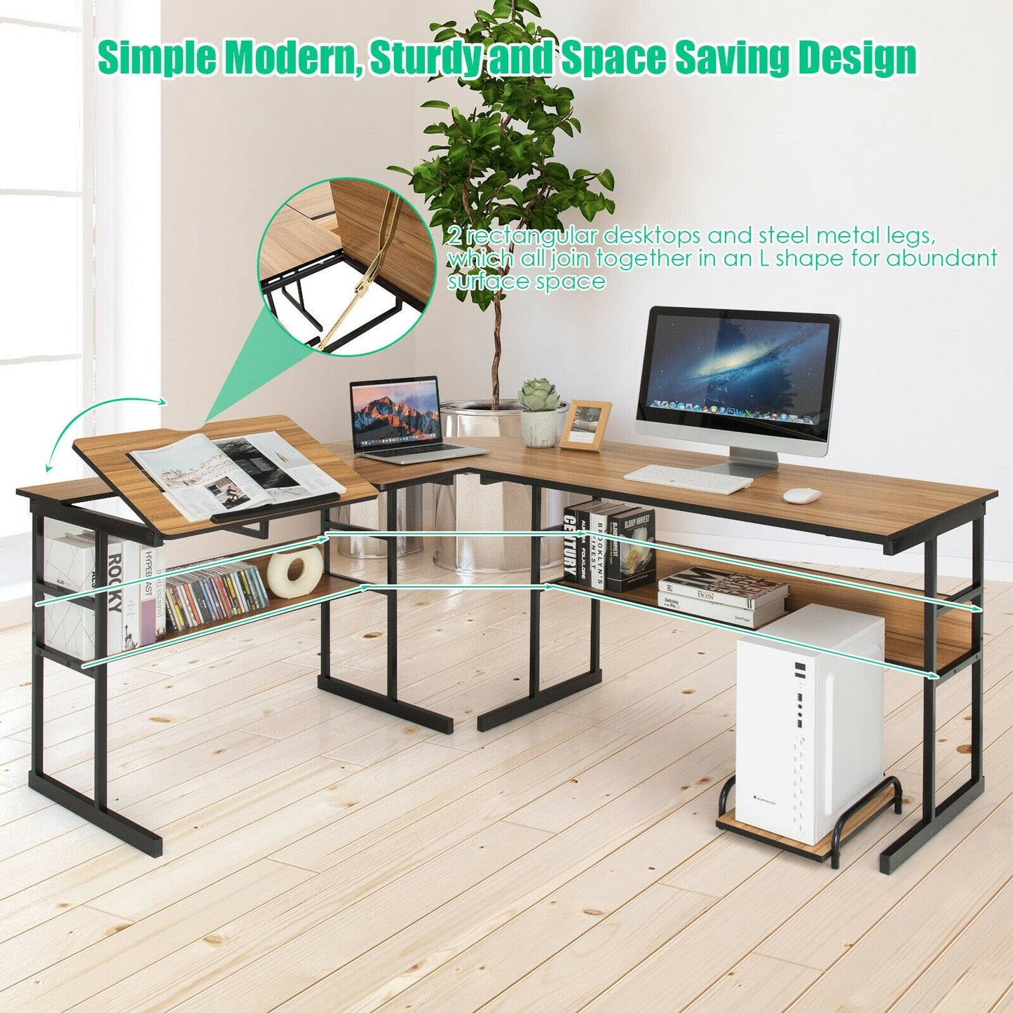 L-Shaped Computer Desk with Tiltable Tabletop, Walnut L-Shaped Desks   at Gallery Canada