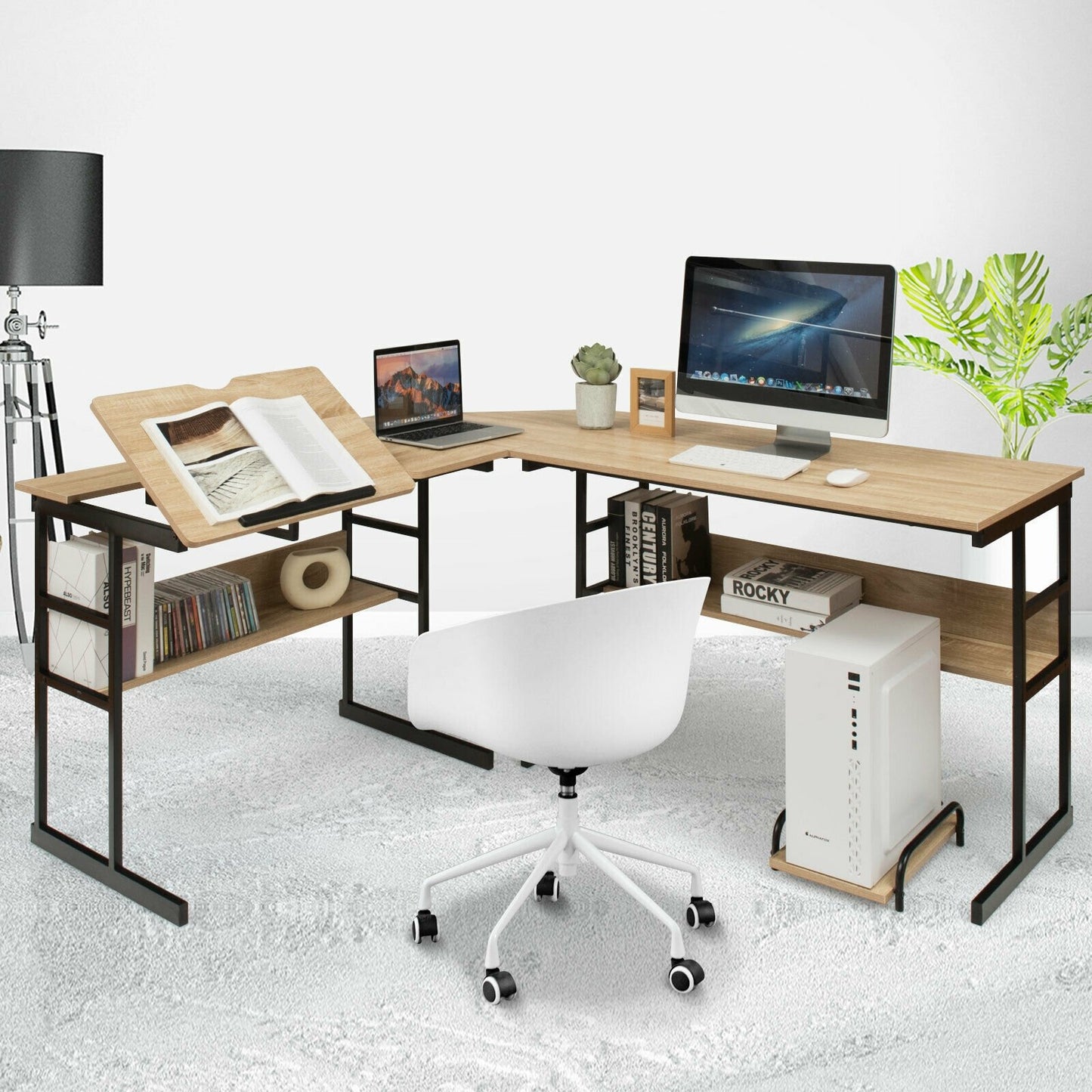 L-Shaped Computer Desk with Tiltable Tabletop, Natural L-Shaped Desks   at Gallery Canada