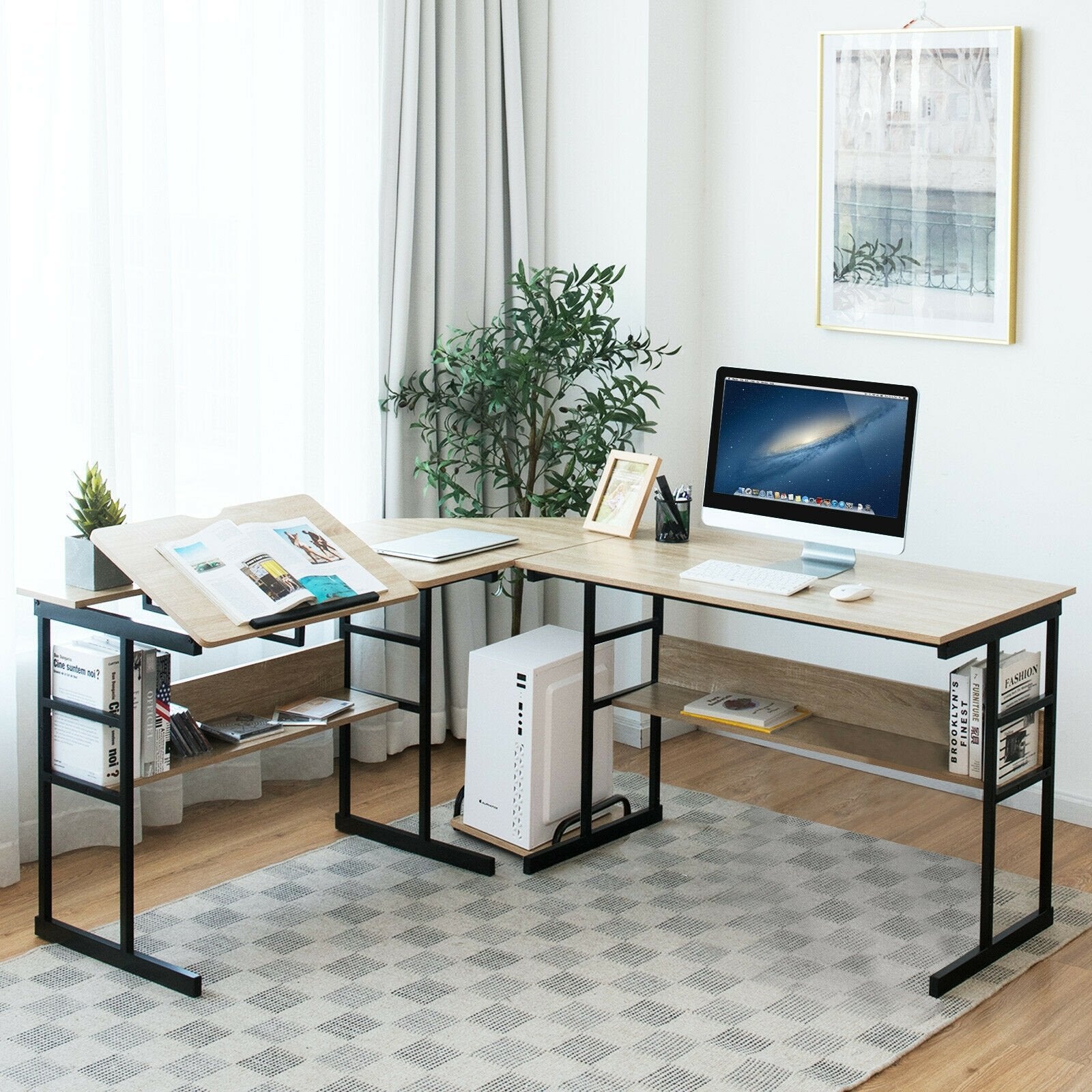 L-Shaped Computer Desk with Tiltable Tabletop, Natural L-Shaped Desks   at Gallery Canada