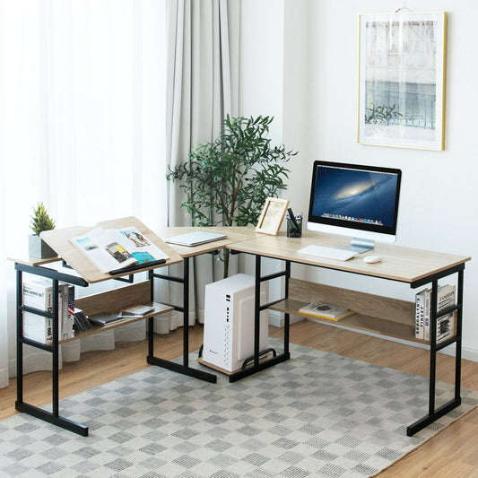 L-Shaped Computer Desk with Tiltable Tabletop, Natural - Gallery Canada