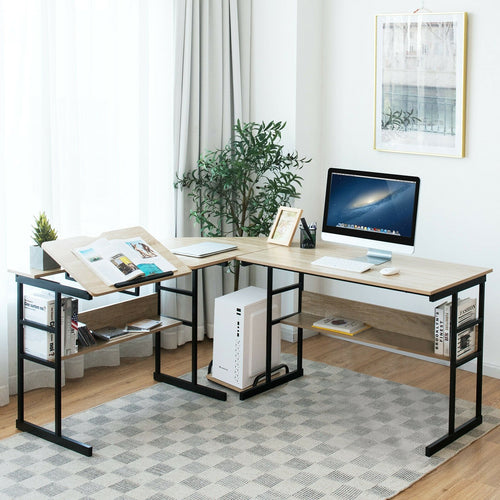 L-Shaped Computer Desk with Tiltable Tabletop, Natural