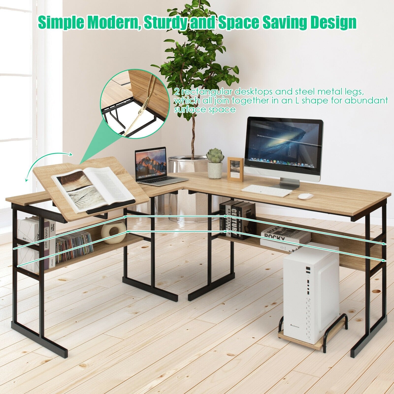 L-Shaped Computer Desk with Tiltable Tabletop, Natural L-Shaped Desks   at Gallery Canada