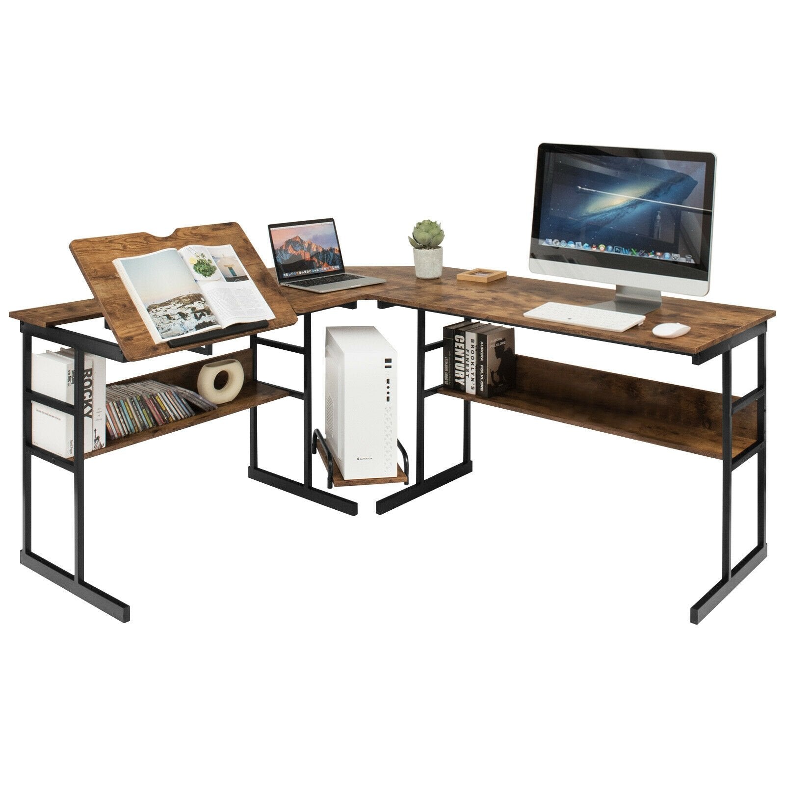 L-Shaped Computer Desk with Tiltable Tabletop, Rustic Brown L-Shaped Desks   at Gallery Canada