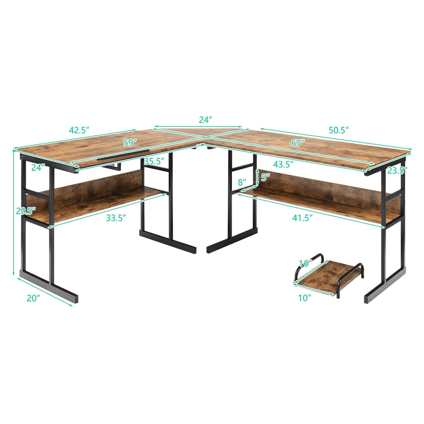 L-Shaped Computer Desk with Tiltable Tabletop, Rustic Brown L-Shaped Desks   at Gallery Canada