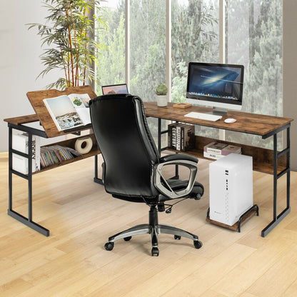 L-Shaped Computer Desk with Tiltable Tabletop, Rustic Brown L-Shaped Desks   at Gallery Canada