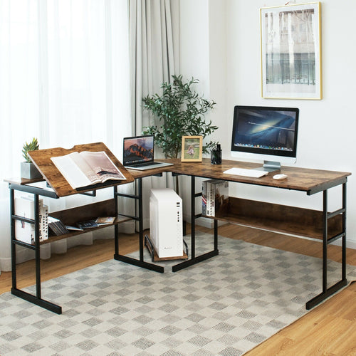 L-Shaped Computer Desk with Tiltable Tabletop, Rustic Brown