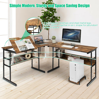 L-Shaped Computer Desk with Tiltable Tabletop, Rustic Brown L-Shaped Desks   at Gallery Canada