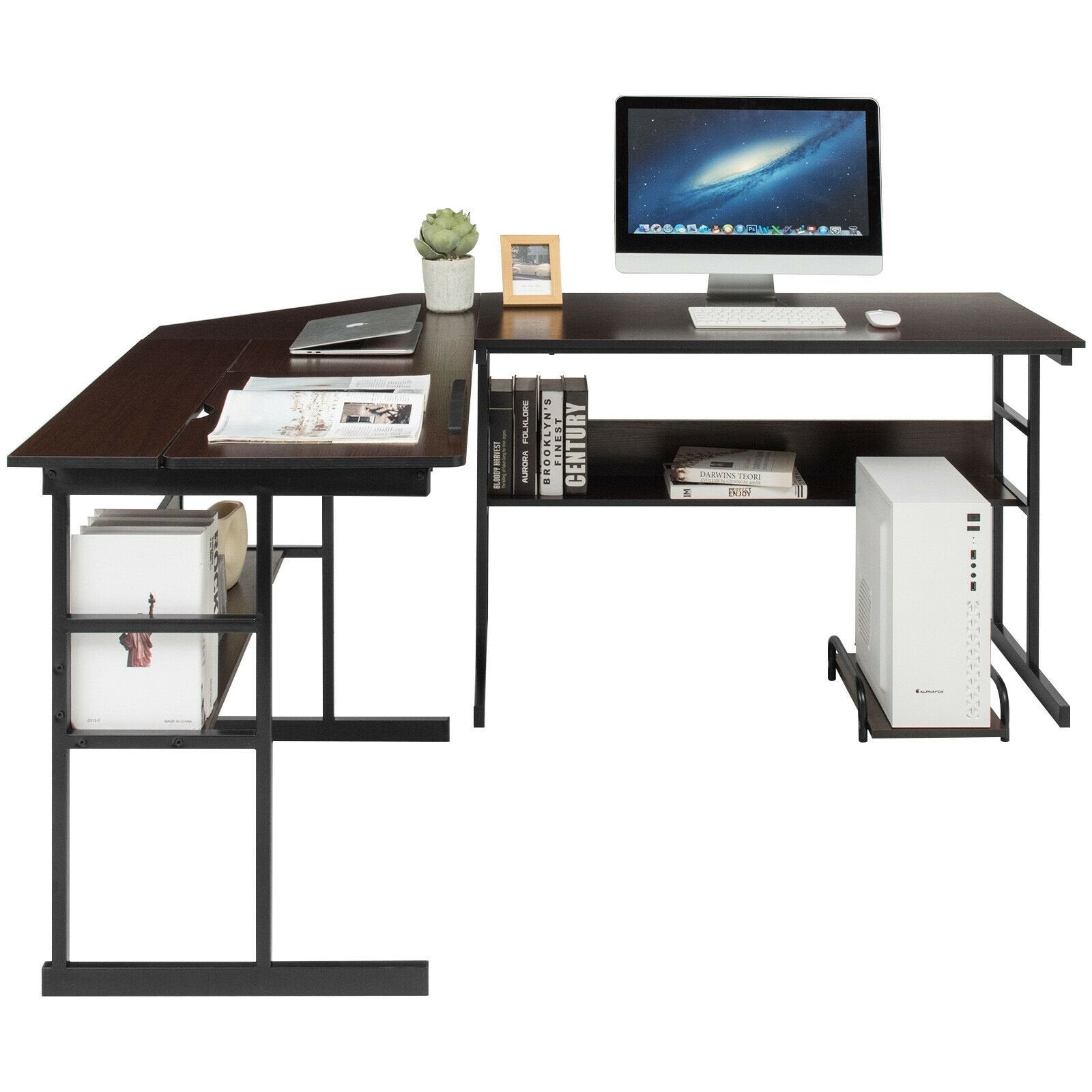 L-Shaped Computer Desk with Tiltable Tabletop, Brown L-Shaped Desks   at Gallery Canada