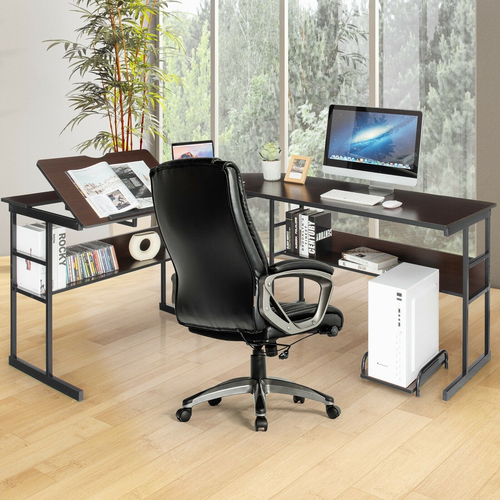 L-Shaped Computer Desk with Tiltable Tabletop, Brown L-Shaped Desks   at Gallery Canada