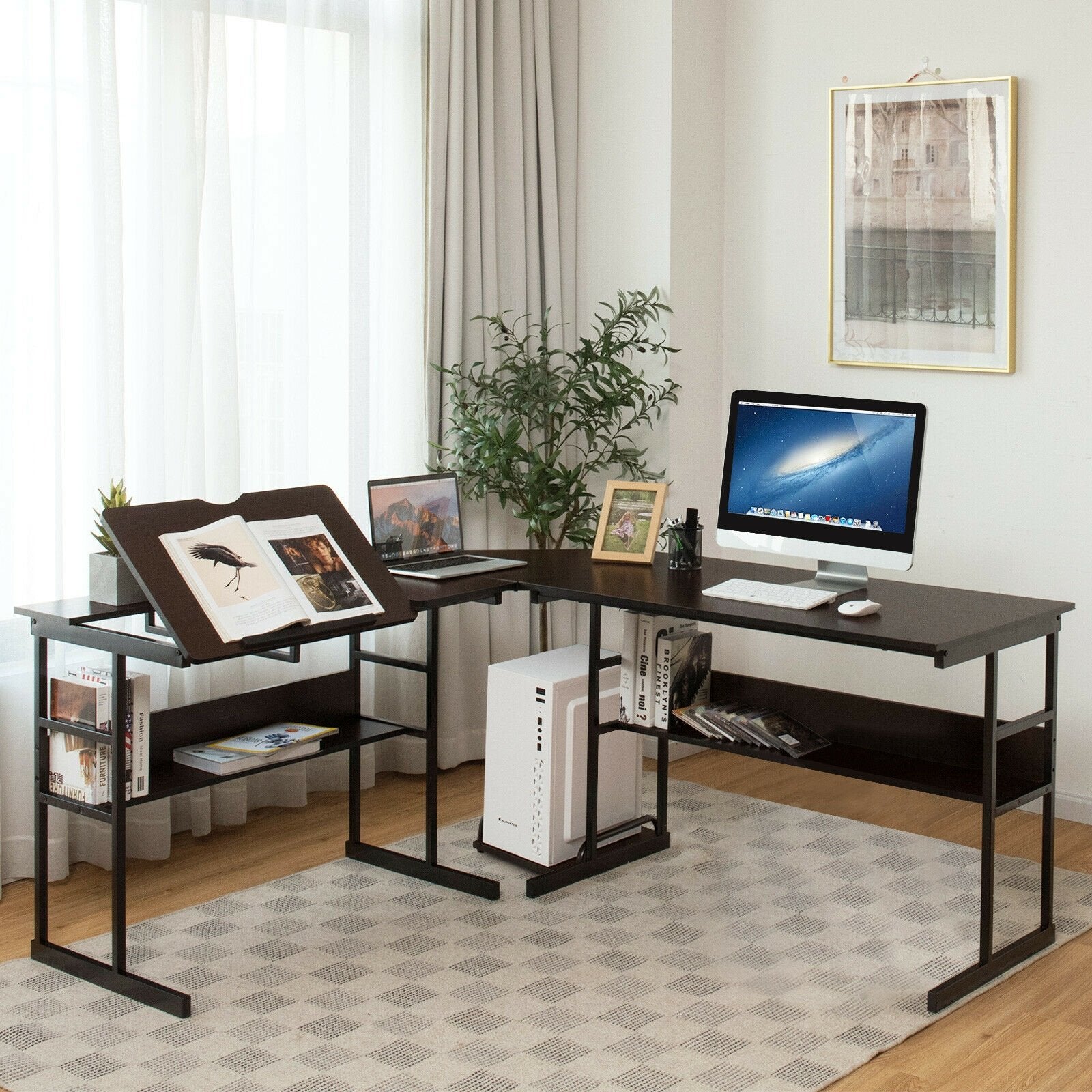 L-Shaped Computer Desk with Tiltable Tabletop, Brown L-Shaped Desks   at Gallery Canada