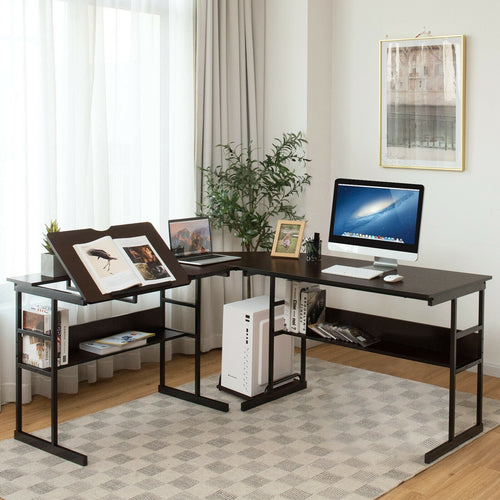 L-Shaped Computer Desk with Tiltable Tabletop, Brown