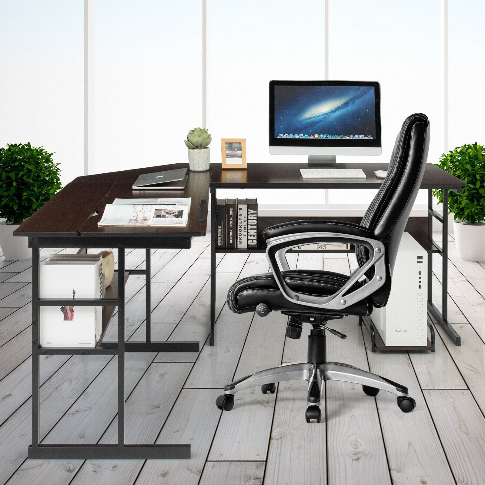 L-Shaped Computer Desk with Tiltable Tabletop, Brown L-Shaped Desks   at Gallery Canada