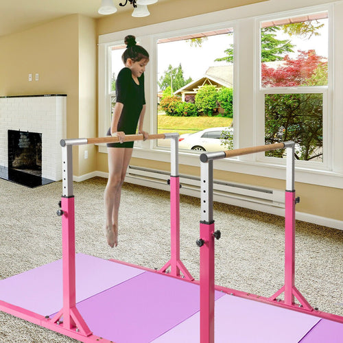 Kids Double Horizontal Bars Gymnastic Training Parallel Bars Adjustable, Pink