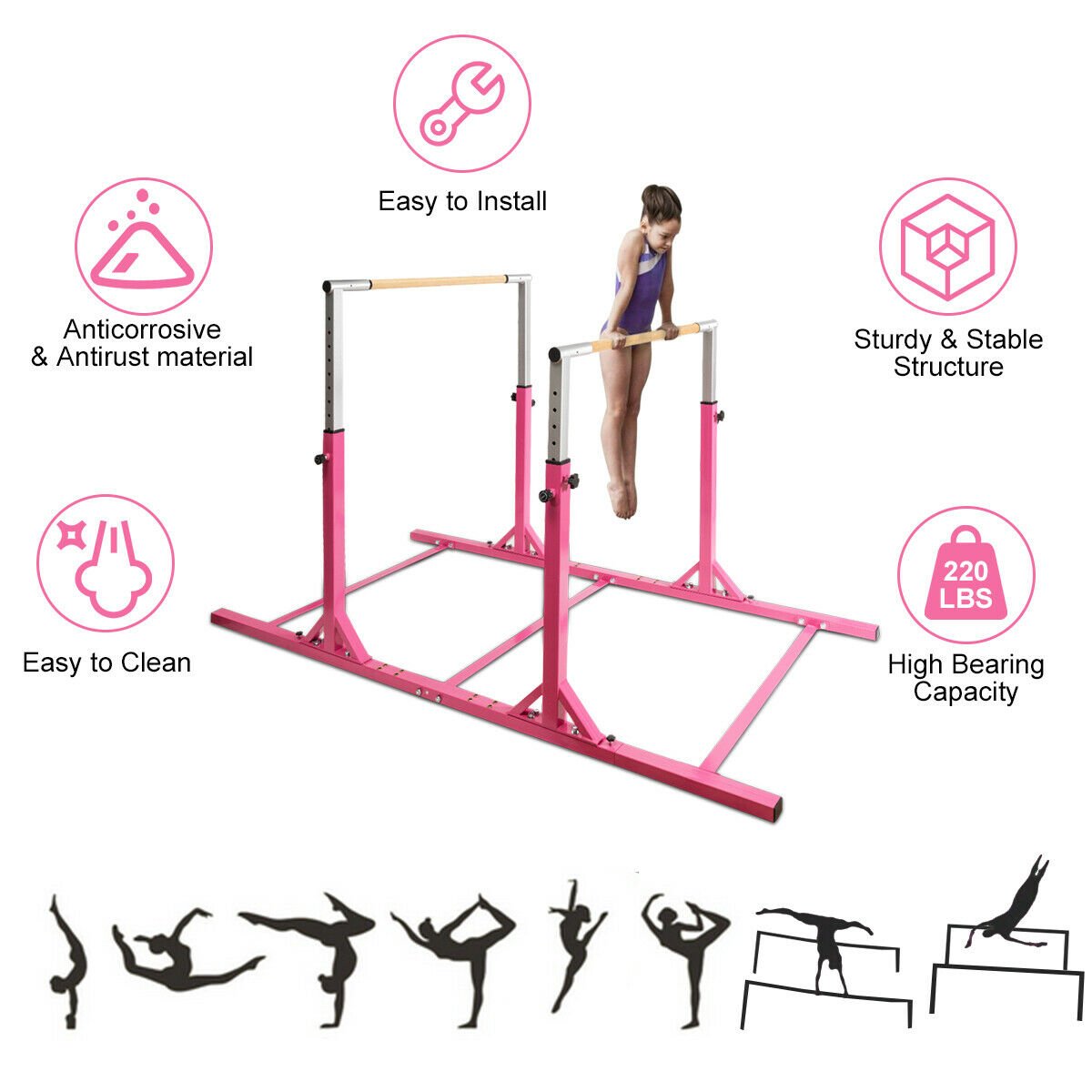 Kids Double Horizontal Bars Gymnastic Training Parallel Bars Adjustable, Pink Toy Sports   at Gallery Canada