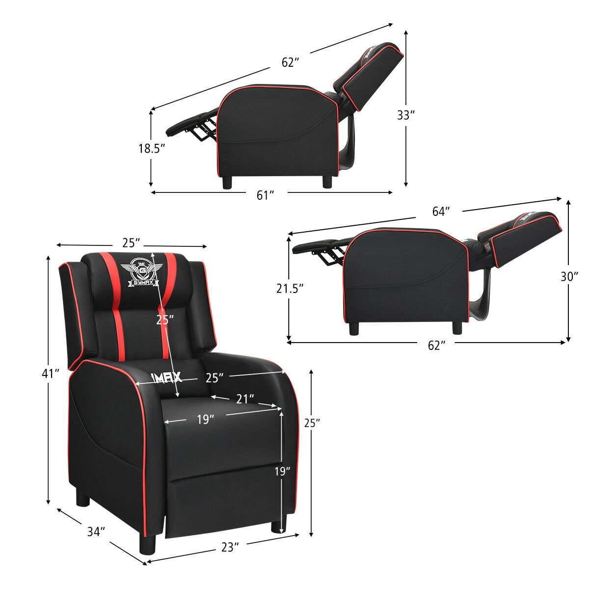 Massage Racing Gaming Single Recliner Chair, Red Gaming Chairs   at Gallery Canada