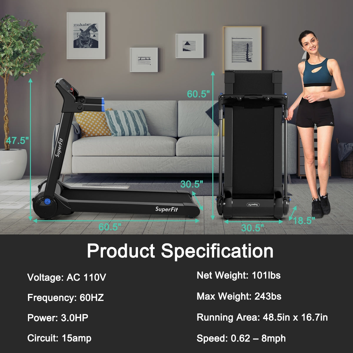 3HP Folding Electric Treadmill Running Machine, Blue Treadmills at Gallery Canada