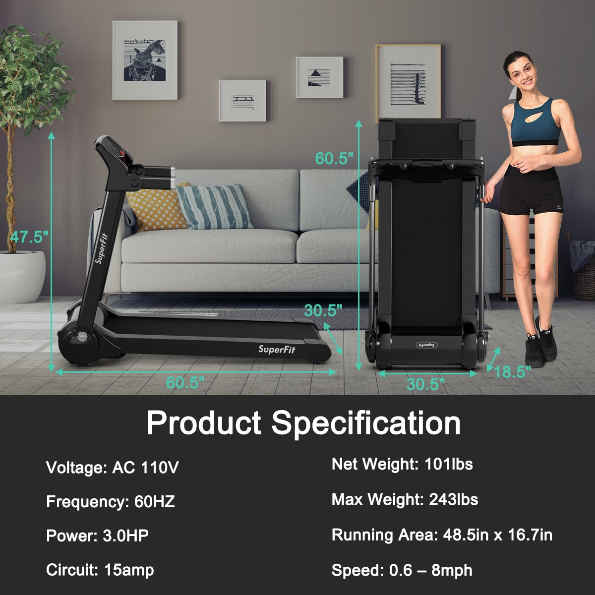 3HP Folding Electric Treadmill Running Machine, Silver Treadmills at Gallery Canada