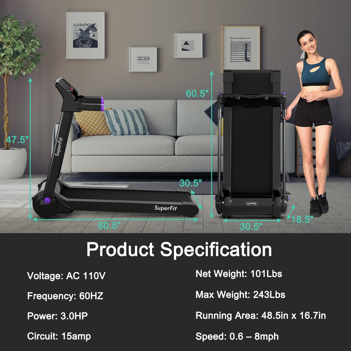 3HP Folding Electric Treadmill Running Machine, Purple Treadmills at Gallery Canada