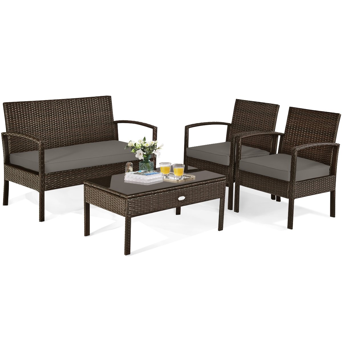 4 Pieces Patio Rattan Cushioned Furniture Set with Loveseat and Table , Brown Patio Conversation Sets   at Gallery Canada