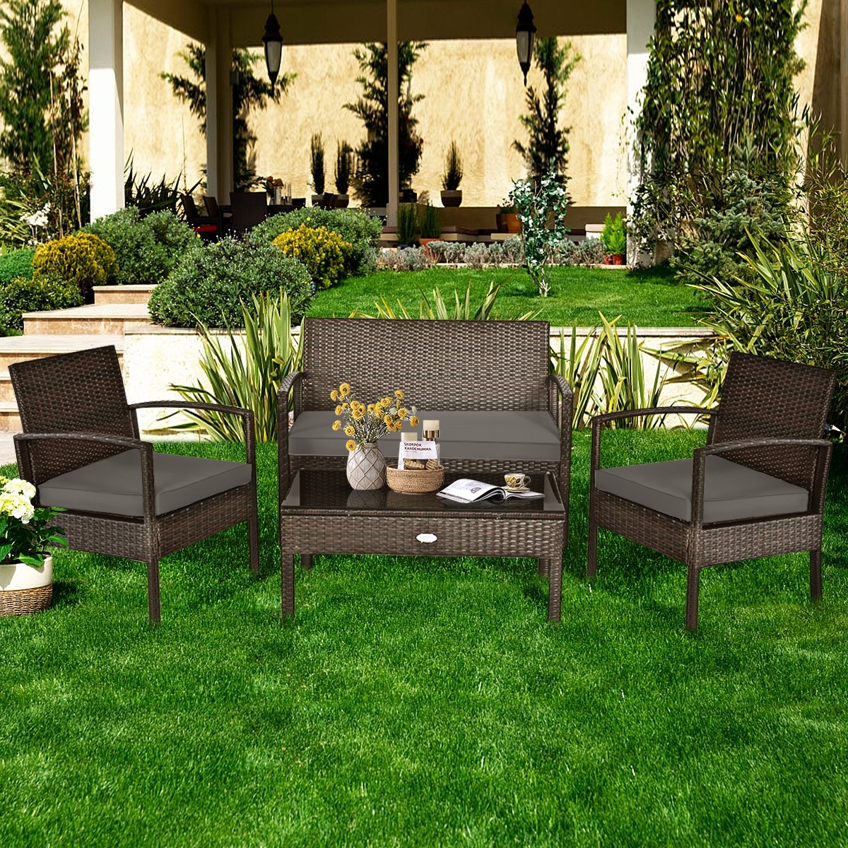 4 Pieces Patio Rattan Cushioned Furniture Set with Loveseat and Table , Brown Patio Conversation Sets   at Gallery Canada