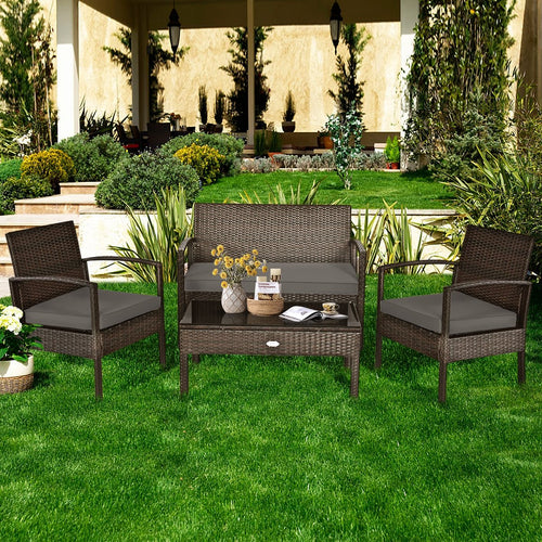 4 Pieces Patio Rattan Cushioned Furniture Set with Loveseat and Table , Brown