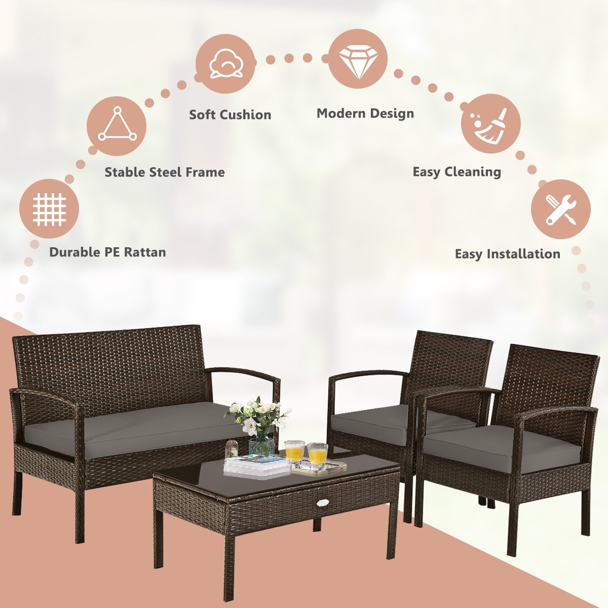 4 Pieces Patio Rattan Cushioned Furniture Set with Loveseat and Table , Brown Patio Conversation Sets   at Gallery Canada