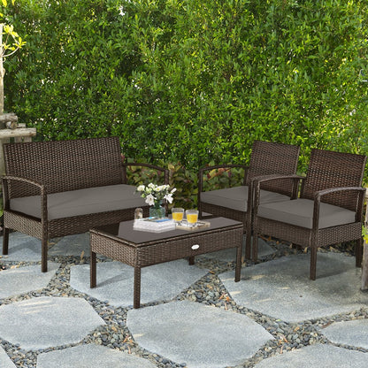 4 Pieces Patio Rattan Cushioned Furniture Set with Loveseat and Table , Brown Patio Conversation Sets   at Gallery Canada