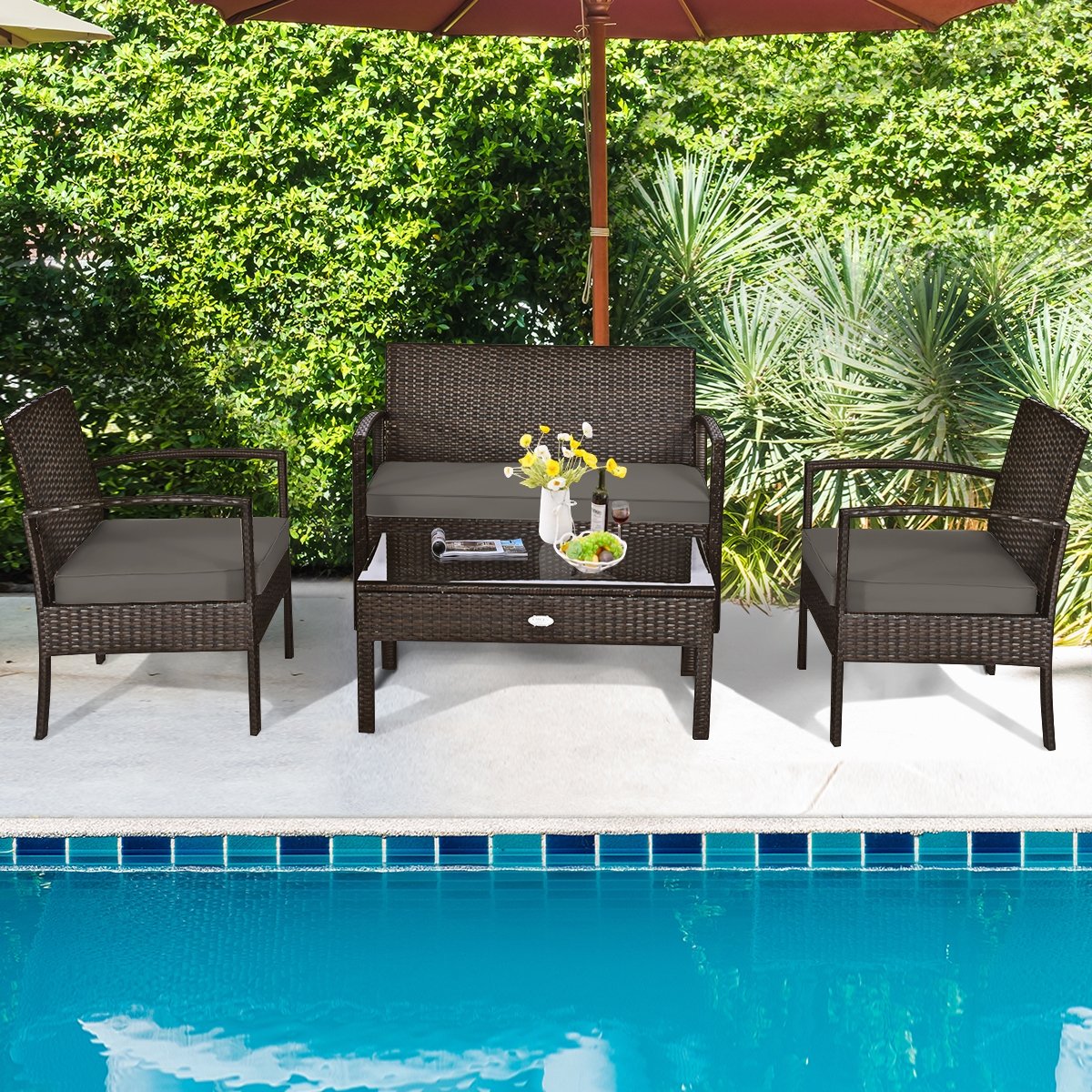 4 Pieces Patio Rattan Cushioned Furniture Set with Loveseat and Table , Brown Patio Conversation Sets   at Gallery Canada