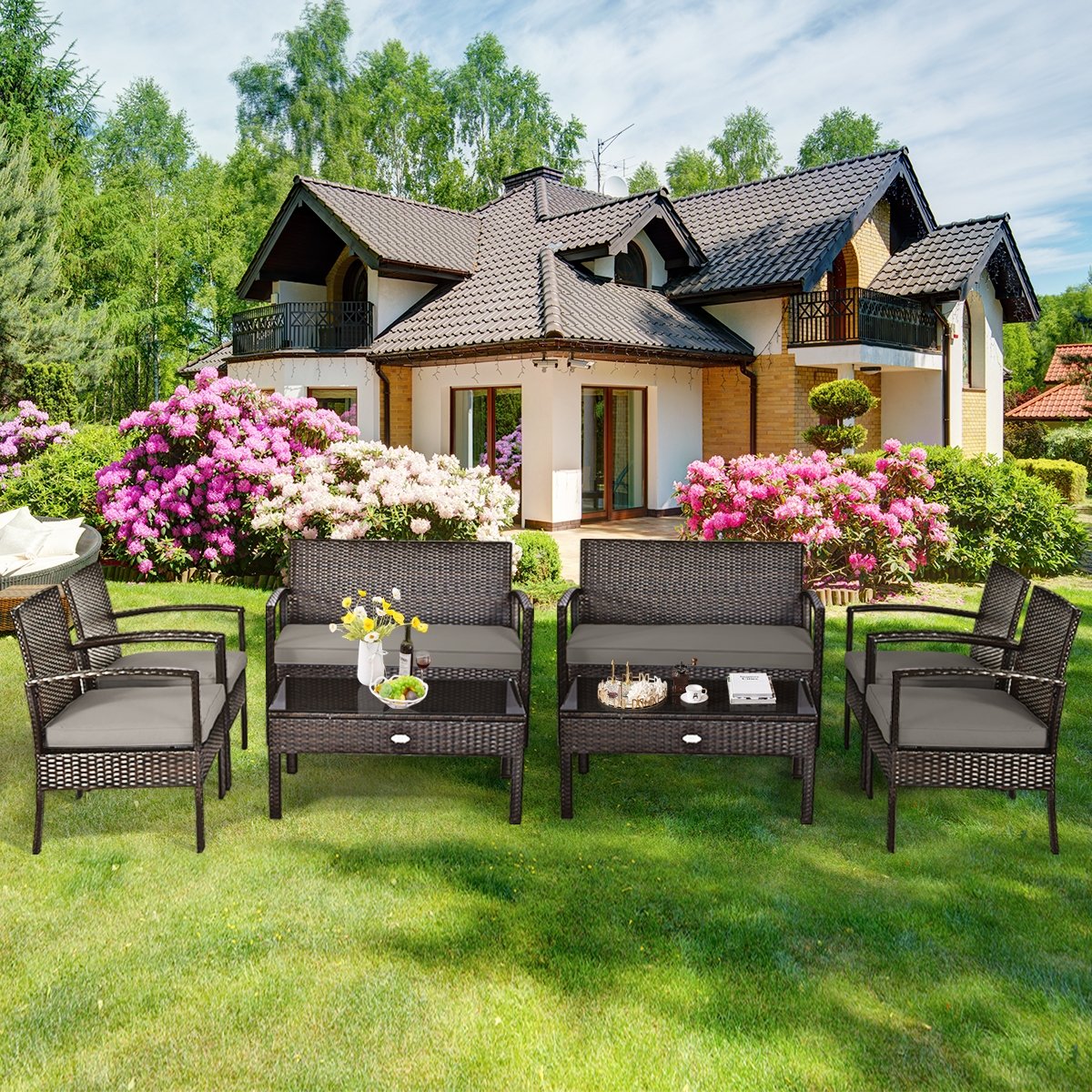 4 Pieces Patio Rattan Cushioned Furniture Set with Loveseat and Table , Brown Patio Conversation Sets   at Gallery Canada