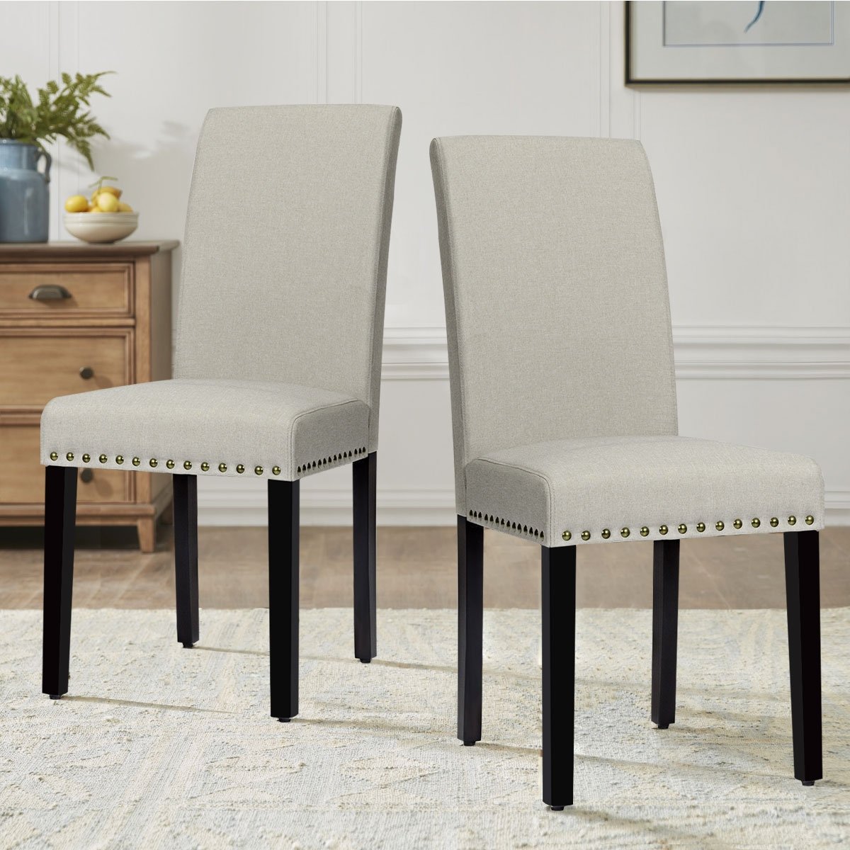 Set of 2 Fabric Upholstered Dining Chairs with Nailhead-Light Sage, Beige Dining Chairs   at Gallery Canada