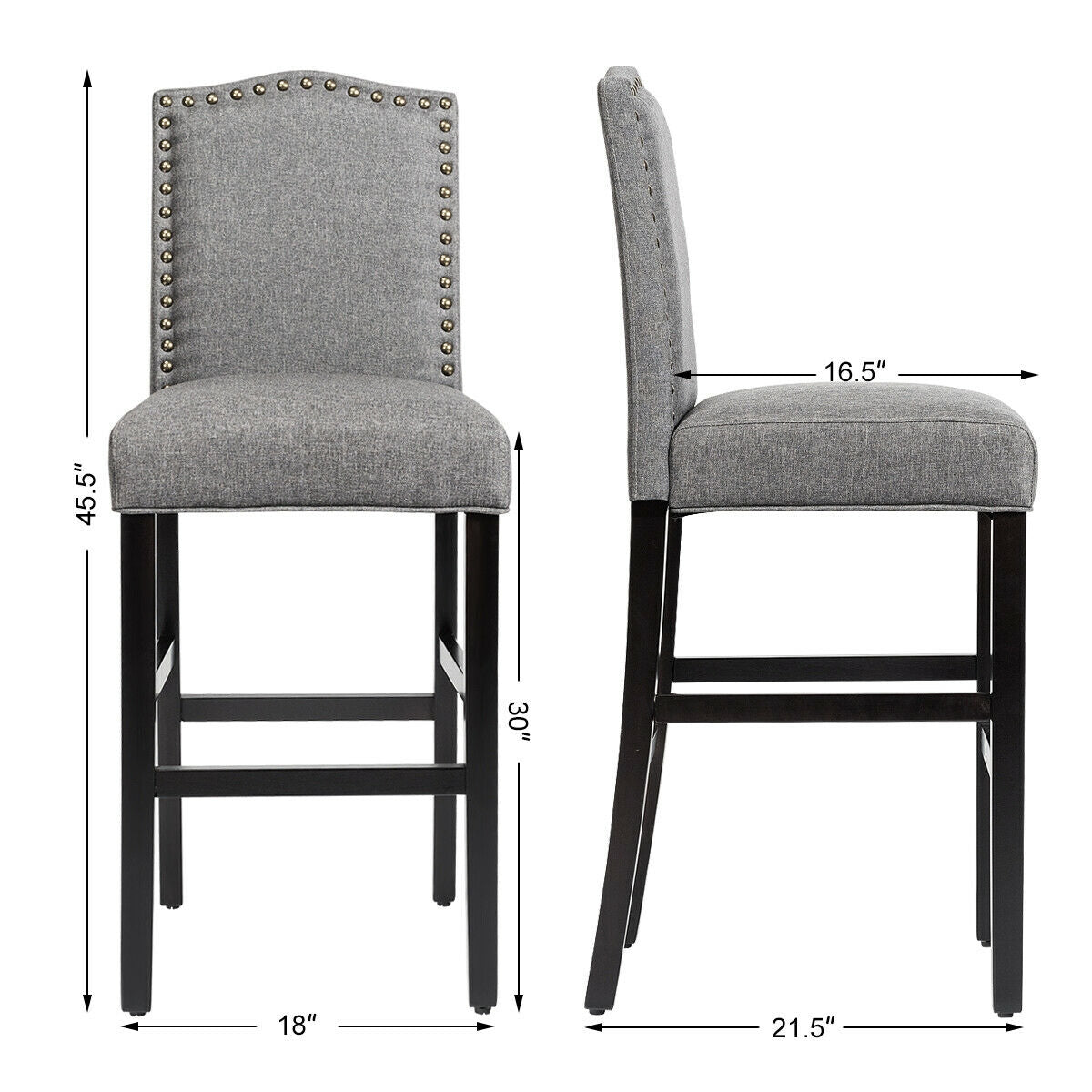 Set of 2 Bar Stools 30 Inch Upholstered Kitchen Nailhead Bar Chairs, Gray Bar Stools   at Gallery Canada