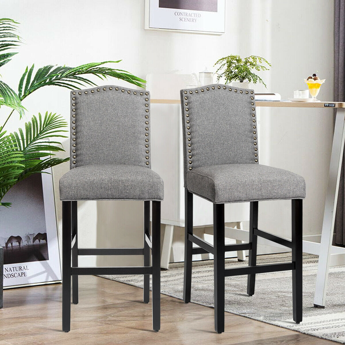 Set of 2 Bar Stools 30 Inch Upholstered Kitchen Nailhead Bar Chairs, Gray Bar Stools   at Gallery Canada