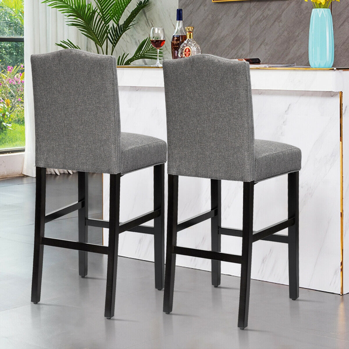 Set of 2 Bar Stools 30 Inch Upholstered Kitchen Nailhead Bar Chairs, Gray Bar Stools   at Gallery Canada