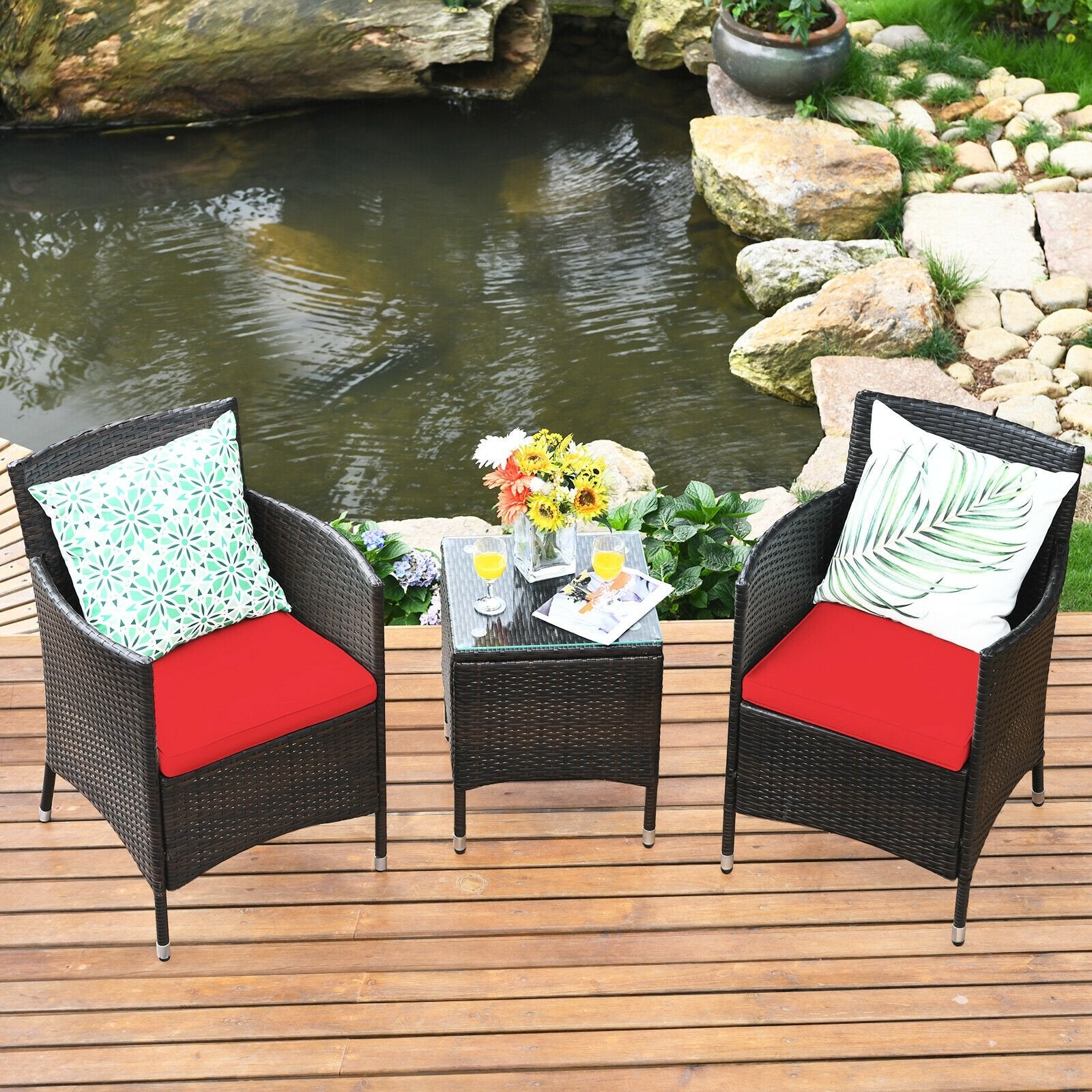 3 Pcs Patio Furniture Set Outdoor Wicker Rattan Set, Red Patio Conversation Sets   at Gallery Canada