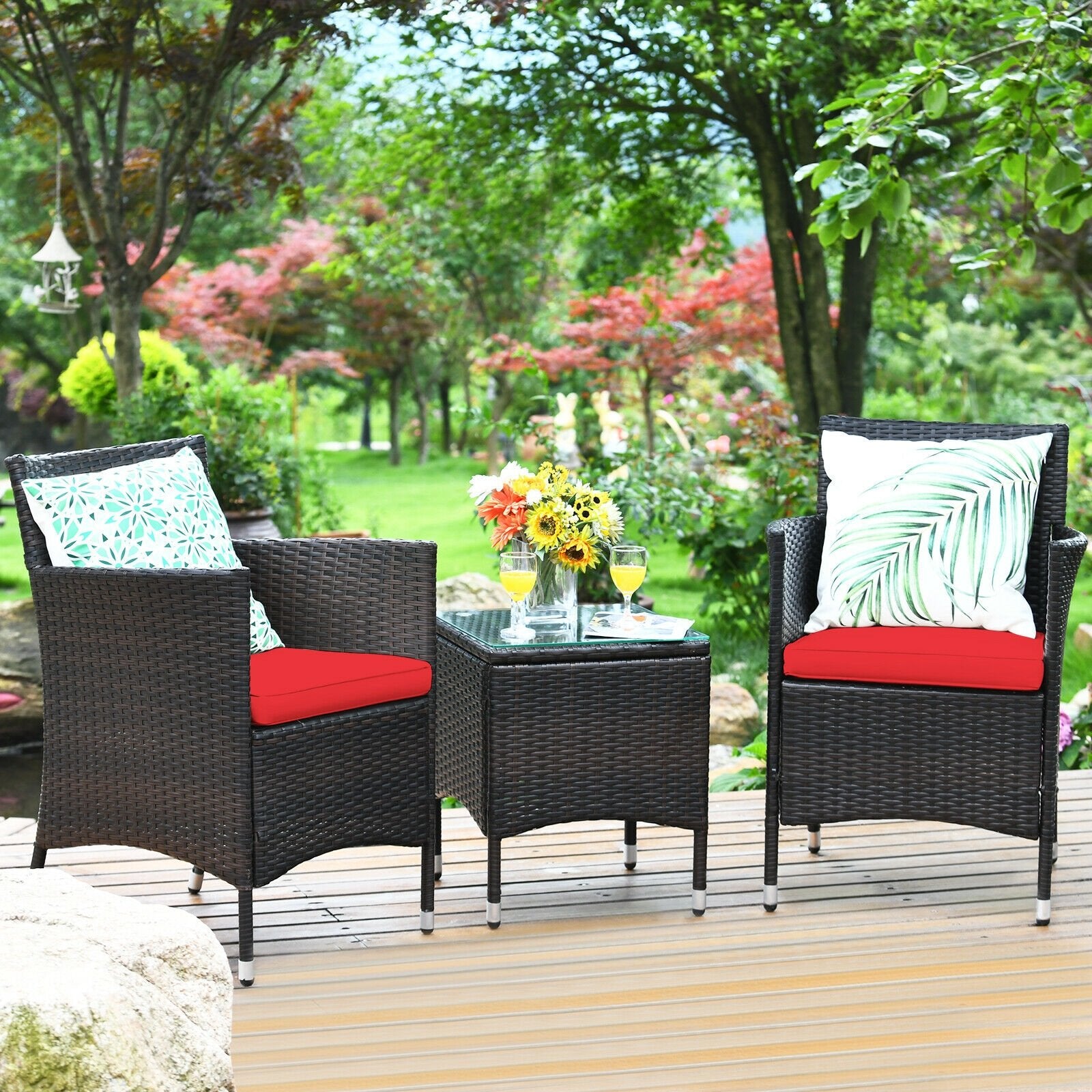 3 Pcs Patio Furniture Set Outdoor Wicker Rattan Set, Red Patio Conversation Sets   at Gallery Canada