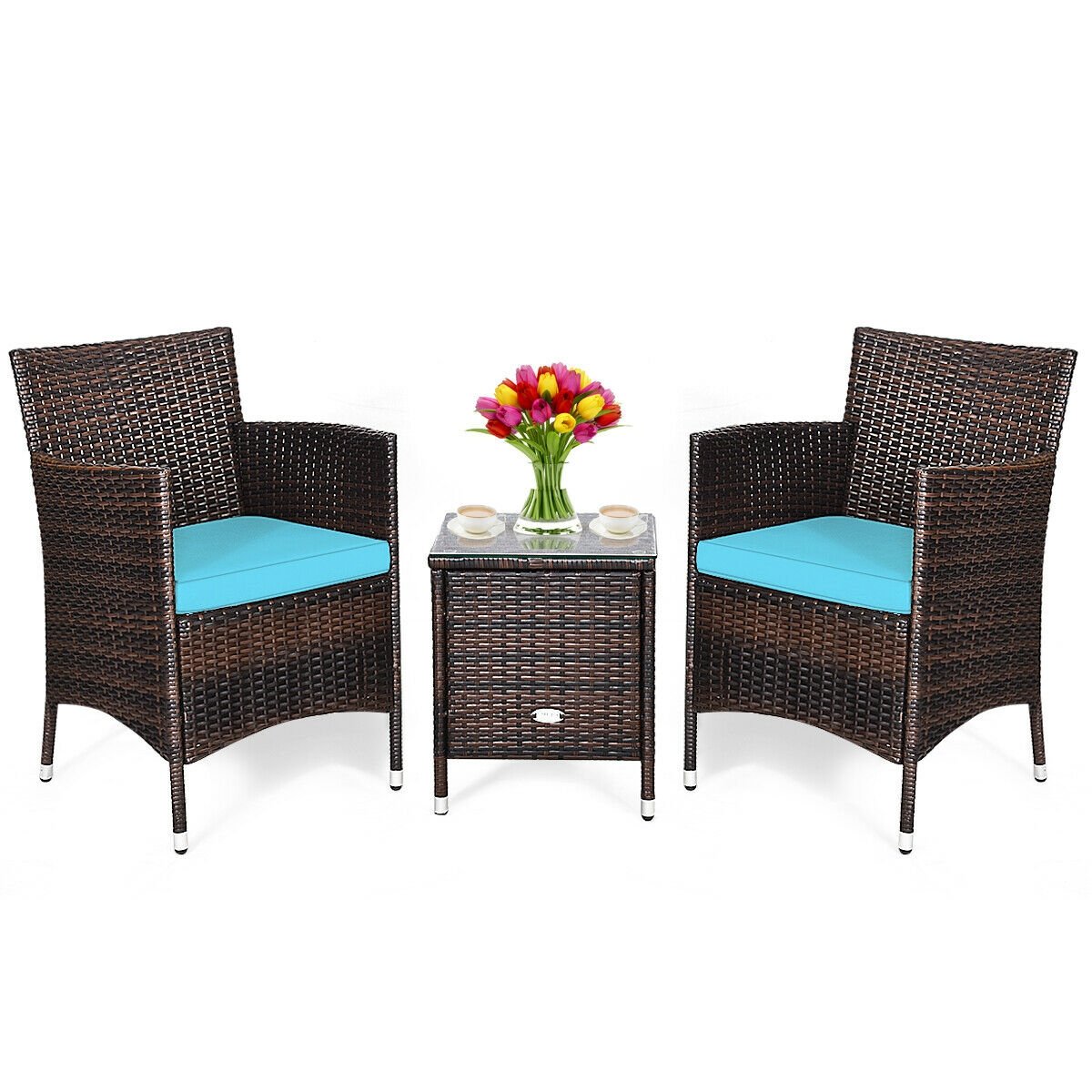 3 Pcs Patio Furniture Set Outdoor Wicker Rattan Set, Blue Patio Conversation Sets   at Gallery Canada