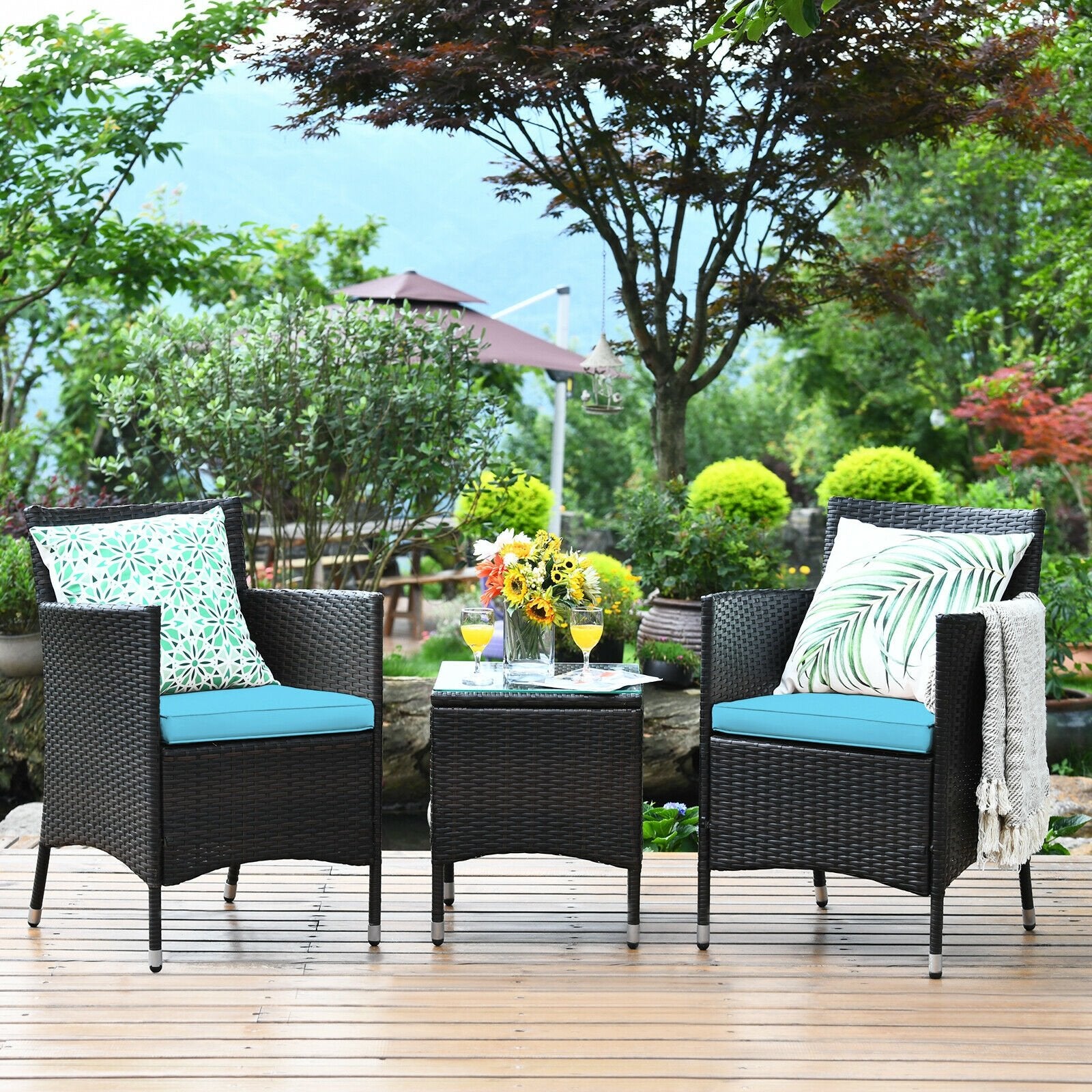 3 Pcs Patio Furniture Set Outdoor Wicker Rattan Set, Blue Patio Conversation Sets   at Gallery Canada