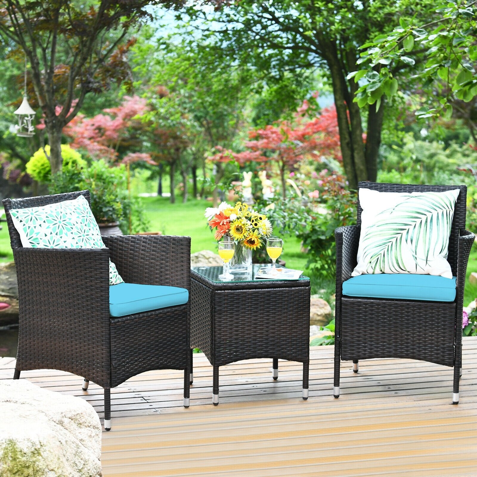 3 Pcs Patio Furniture Set Outdoor Wicker Rattan Set, Blue Patio Conversation Sets   at Gallery Canada