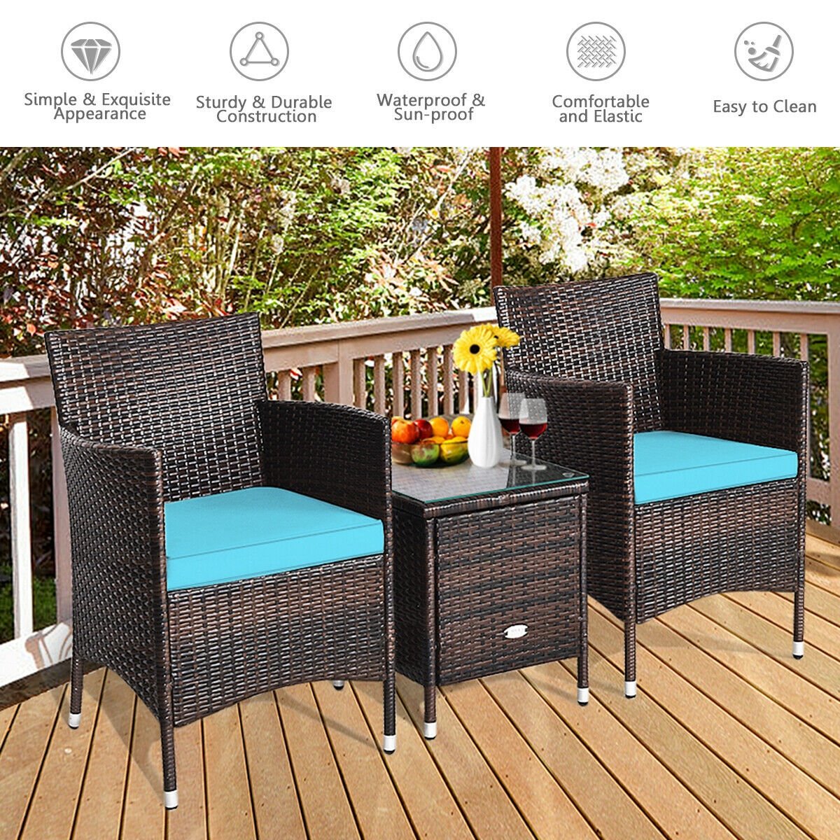 3 Pcs Patio Furniture Set Outdoor Wicker Rattan Set, Blue Patio Conversation Sets   at Gallery Canada